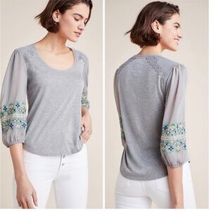 TINY by Anthropologie Julia Raw Hem Embroidered Blouse Bohemian Lace Romantic